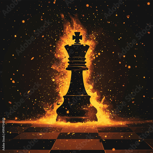 Dramatic black king chess piece under attack with exploding particles on chessboard concept of defeat strategy risk and leadership failure , vector style simple color