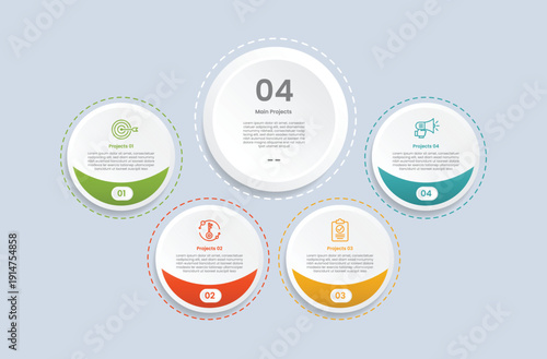 4 points infographic with glossy gradient style with big circle and small on spreading bottom with curve inside with four segment information