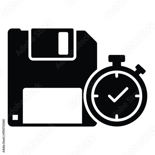 Floppy disk and stopwatch icon for data transfer speed concept icon