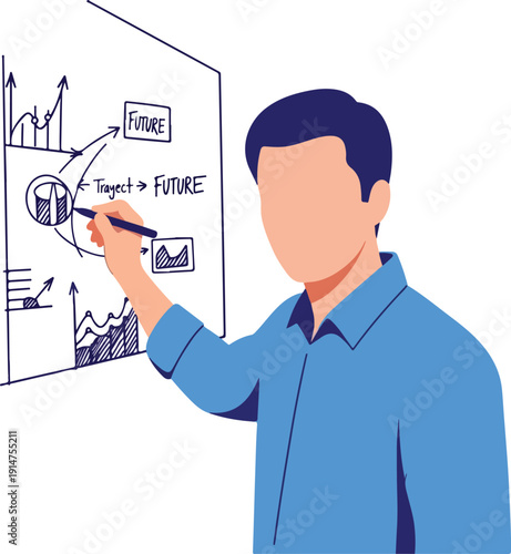 A man drawing on a blackboard with a blue marker on transparent background