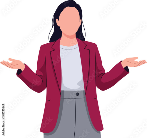 A cartoon woman in a red blazer shrugs on transparent background