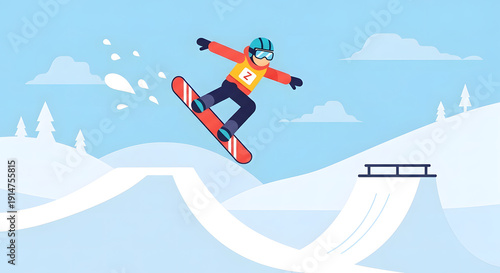 Flat Vector Illustration of Snowboarder Jumping on Snow in Winter Landscape