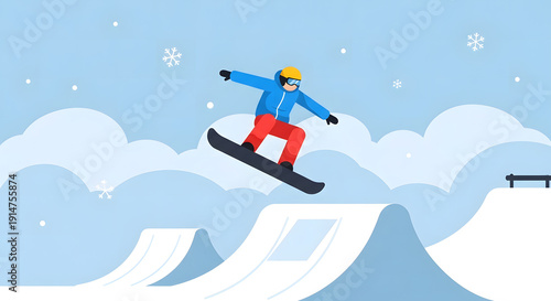 Flat Vector Illustration of Snowboarder Jumping on Snow in Winter Landscape