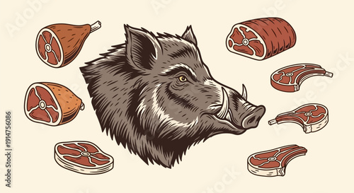 Wild boar head surrounded by various cuts of pork meat.