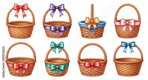 Collection of decorative woven baskets with colorful ribbon bows