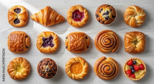 Assorted freshly baked pastries arranged neatly on a flat surface, top view, clean composition, soft natural lighting, realistic food photography, no text, no branding