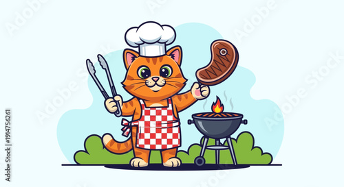 Cartoon cat chef grilling steak on barbecue.