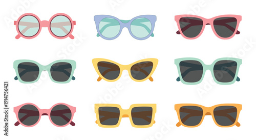 Collection of colorful sunglasses in various styles and frame shapes