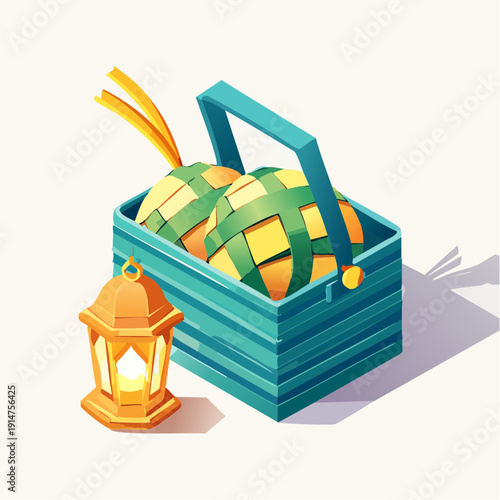 Isometric vector illustration of a festive celebration basket filled with traditional ketupat rice cakes and a glowing lantern, symbolizing Eid al-Fitr holidays and joyful gatherings