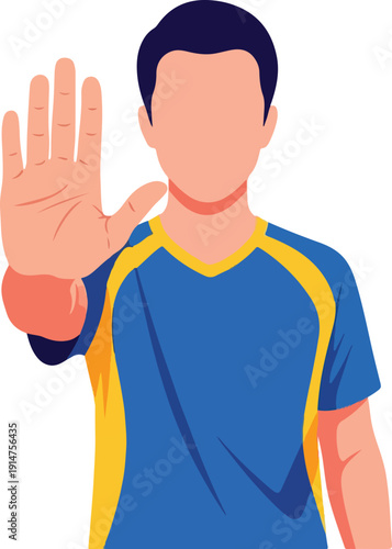 A man in a blue shirt with yellow stripes is holding up his hand on transparent background