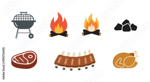 Barbecue grill and various grilled meats icons.