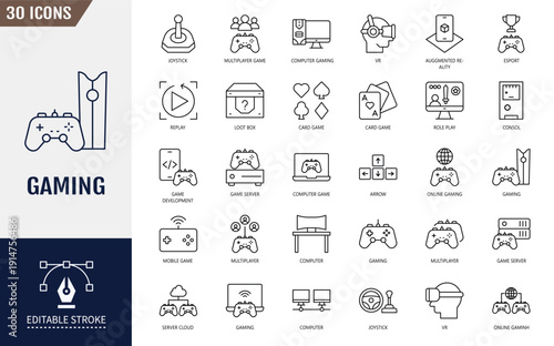 Gaming icon set. Icons relate to Gaming elements, category, console, player, mobile game, and more. Outline icon with Editable stroke. Vector illustration