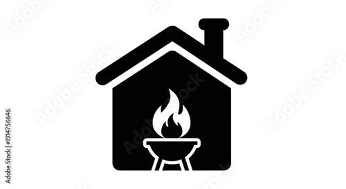 Black house icon with fireplace and chimney on white background.