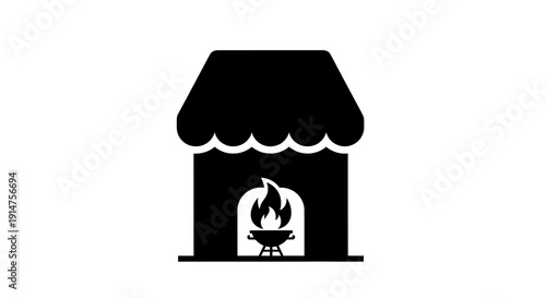 Simple black silhouette of a barbecue restaurant or food stall with a grill.