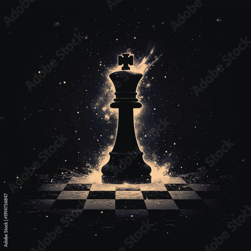 Dramatic black king chess piece under attack with exploding particles on chessboard concept of defeat strategy risk and leadership failure , vector style simple color