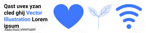 Love, ecology, technology, communication, environmental awareness, global network. Blue heart, leaf and wireless symbols in a minimalist style. Love and ecology combined with technology