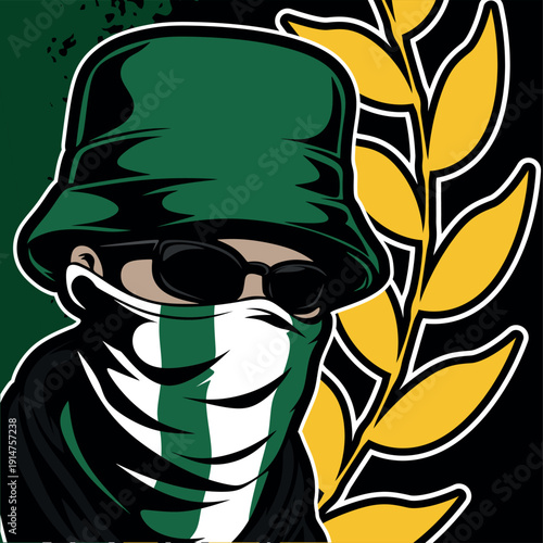 vector illustration of a hooligan ultras football with green hat sticker logo design