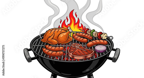Assorted grilled food on a barbecue grill with flames.