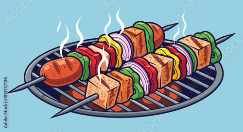 Colorful kebabs with vegetables and meat on a grill.