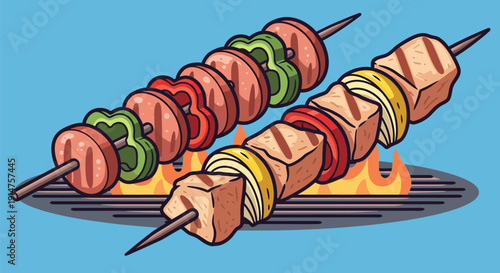 Grilled meat skewers with vegetables on a barbecue grill.