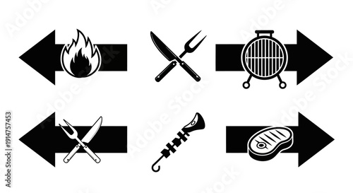 Black and white barbecue cooking icons with utensils and grill.