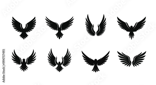 Collection of black silhouettes depicting birds in various flight poses