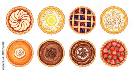 Assorted fruit and cream tarts displayed in a circular arrangement