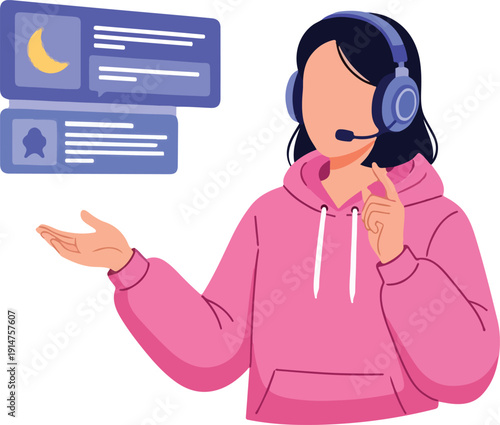 A woman wearing a headset and presenting on a transparent background