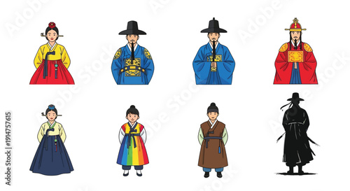 Illustrations of people wearing traditional korean hanbok clothing styles