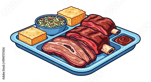 A cartoon illustration of a blue cafeteria tray with a meal consisting of meat, bread, salad, and sauce.