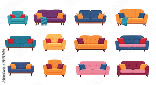 Colorful cartoon sofas arranged in a grid pattern showcasing various designs
