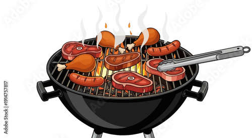 Grilled sausages and burgers on a barbecue grill with flames.