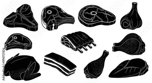 Assorted Meat and Poultry Cuts Illustration Set.