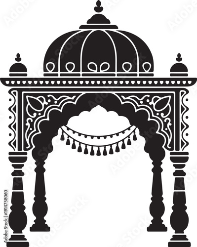 Black and white detailed architectural arch with dome and pillars
