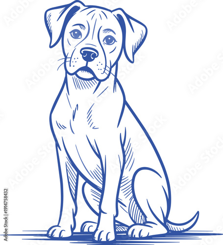 Blue sketch of a sitting dog, friendly puppy outline, isolated on transparent background, domestic animal