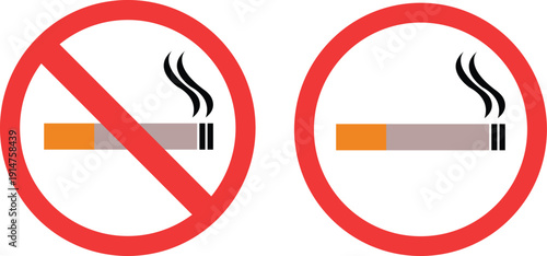 No smoking sign icon set collection group with cigarette symbol, prohibition warning label, stop tobacco notice, red circle ban mark, public health regulation and indoor air safety message.