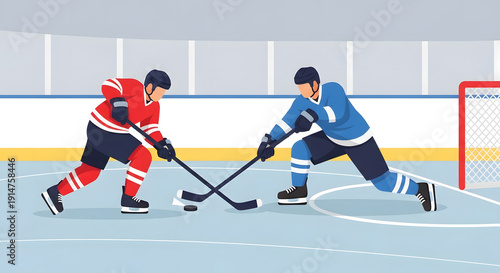Flat Vector Illustration of Ice Hockey Players Face Off in Winter Sports Arena