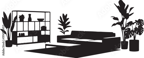Black and white living room interior with furniture and plants