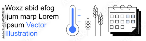 Climate monitoring, farming, crop scheduling, seasonal planning, time management, agricultural operations. Visual elements thermometer, wheat ears calendar. Climate monitoring and farming concepts