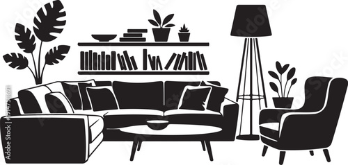 Black and white living room interior with furniture and plants