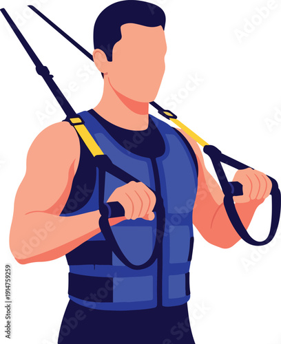 A muscular man wearing a blue weighted vest on transparent background