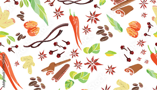 Food set seamless pattern with spices and coffee beans. Vector illustration
