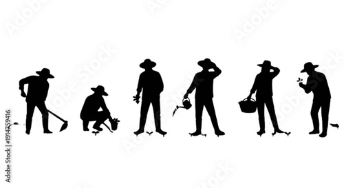Silhouettes of people engaged in various gardening activities