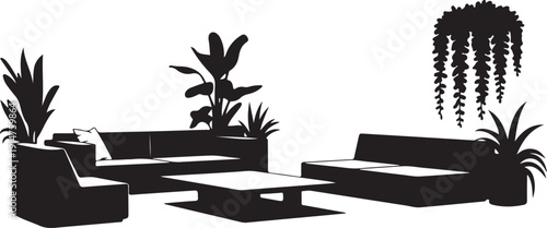 Black and white of outdoor lounge furniture with plants