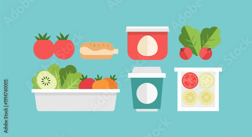 Flat Design Healthy Food Collection and Ingredients Set. Minimalist Vector Illustration of Salad, Vegetables, Sandwich, Coffee, and Deli Items on Blue.