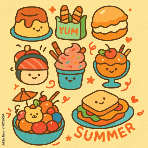 Assorted adorable summer dessert items such as pudding, ice cream, and a sandwich are arranged cheerfully on a light background.