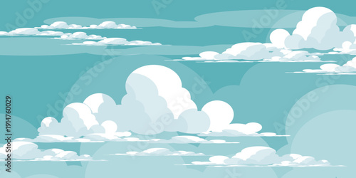 Illustration of a blue sky with white clouds in a flat style. Blue sky background and white clouds. Cartoon sky	
