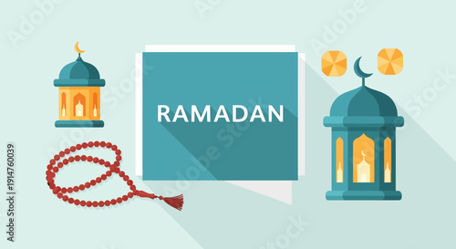 Ramadan Mubarak Flat Design Template: Islamic Fanoos Lanterns, Tasbih Prayer Beads, and Crescent Moon Symbols for Holy Month Greeting Card or Banner.