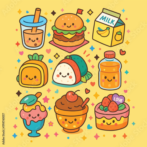 A collection of cute kawaii food and drink icons including a burger, milk carton, and bubble tea are displayed against a yellow background.