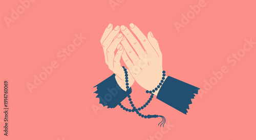 Praying Hands with Tasbih Beads. Flat modern vector illustration of faith, devotion, and Islamic spirituality during Ramadan or daily contemplation.